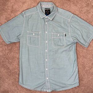 Kavu Shirt Mens L Green Contrast Stitch Hiking Outdoors Nature Button Up Cotton